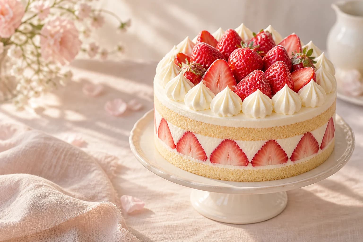 苺と生クリームを重ねたショートケーキ